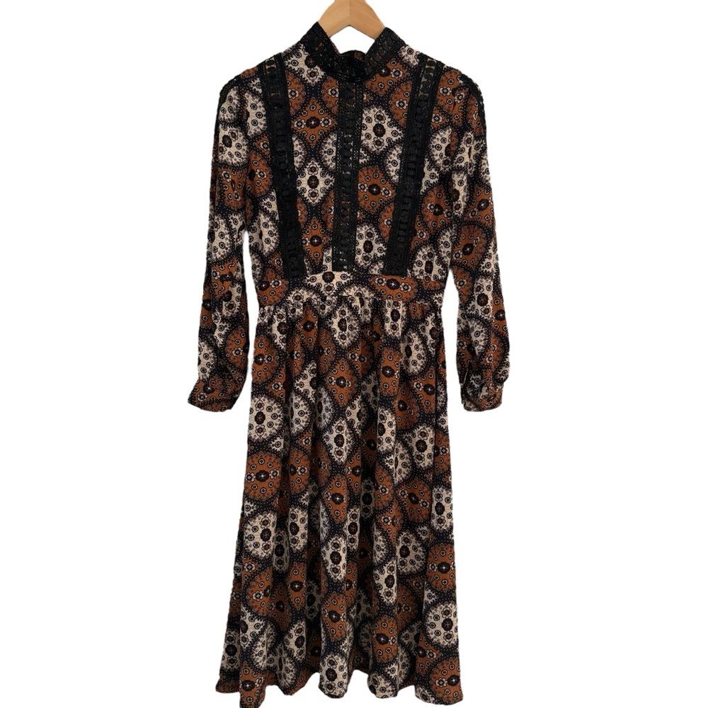 Paisley Bohemia Midi Dress Boohoo Chocolate Brown Black Lace Women’s Size 4 US